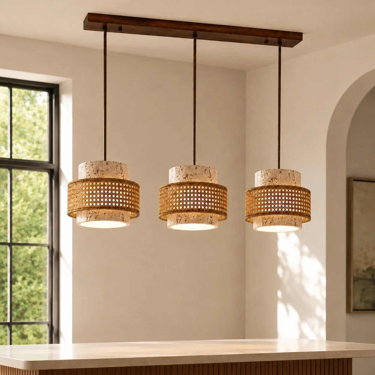 Wabi-Sabi Natural Travertine Cylinder Pendant Light with Wooden Shade, Japandi Kitchen Island Pendant Lamp