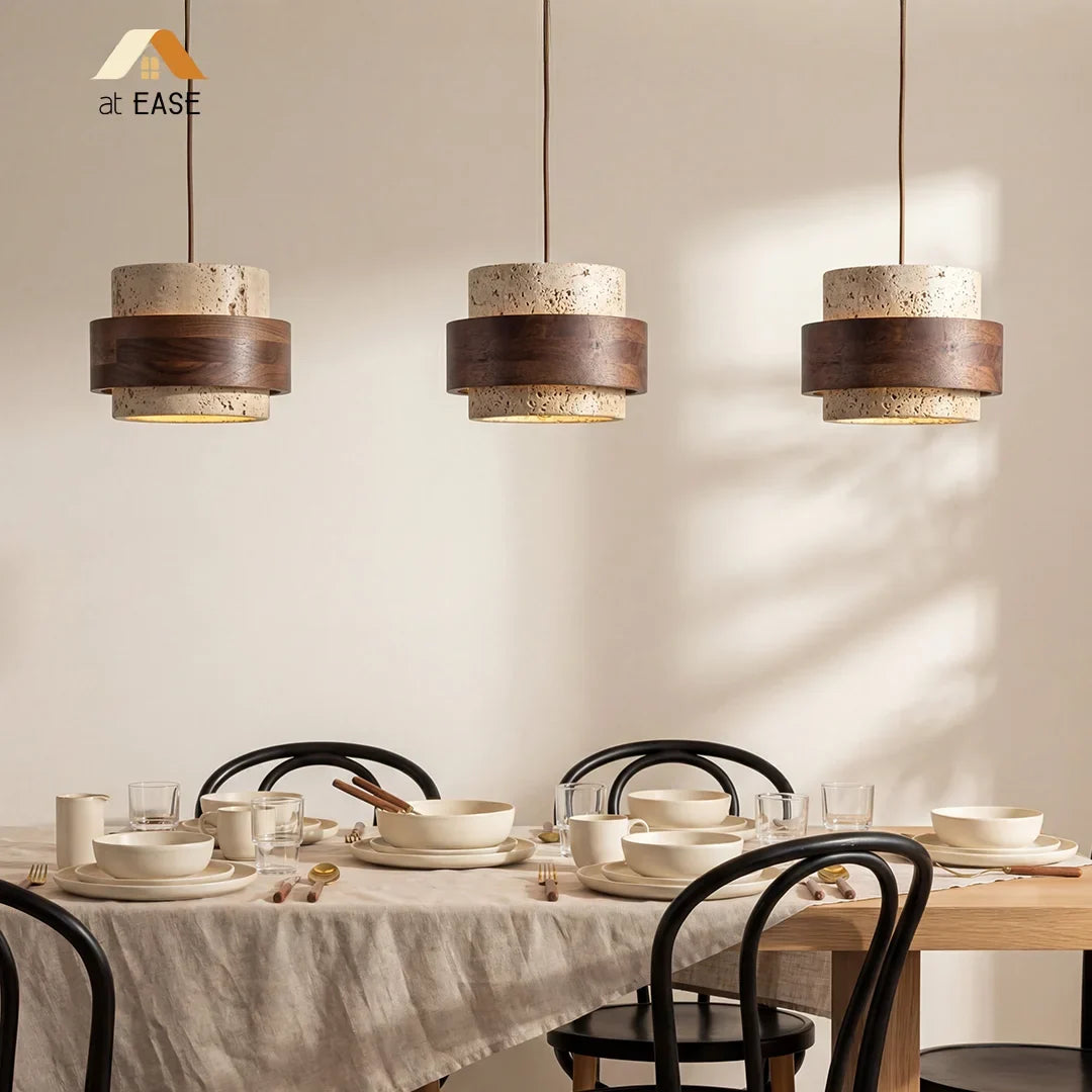 Wabi-Sabi Natural Travertine Cylinder Pendant Light with Wooden Shade, Japandi Kitchen Island Pendant Lamp