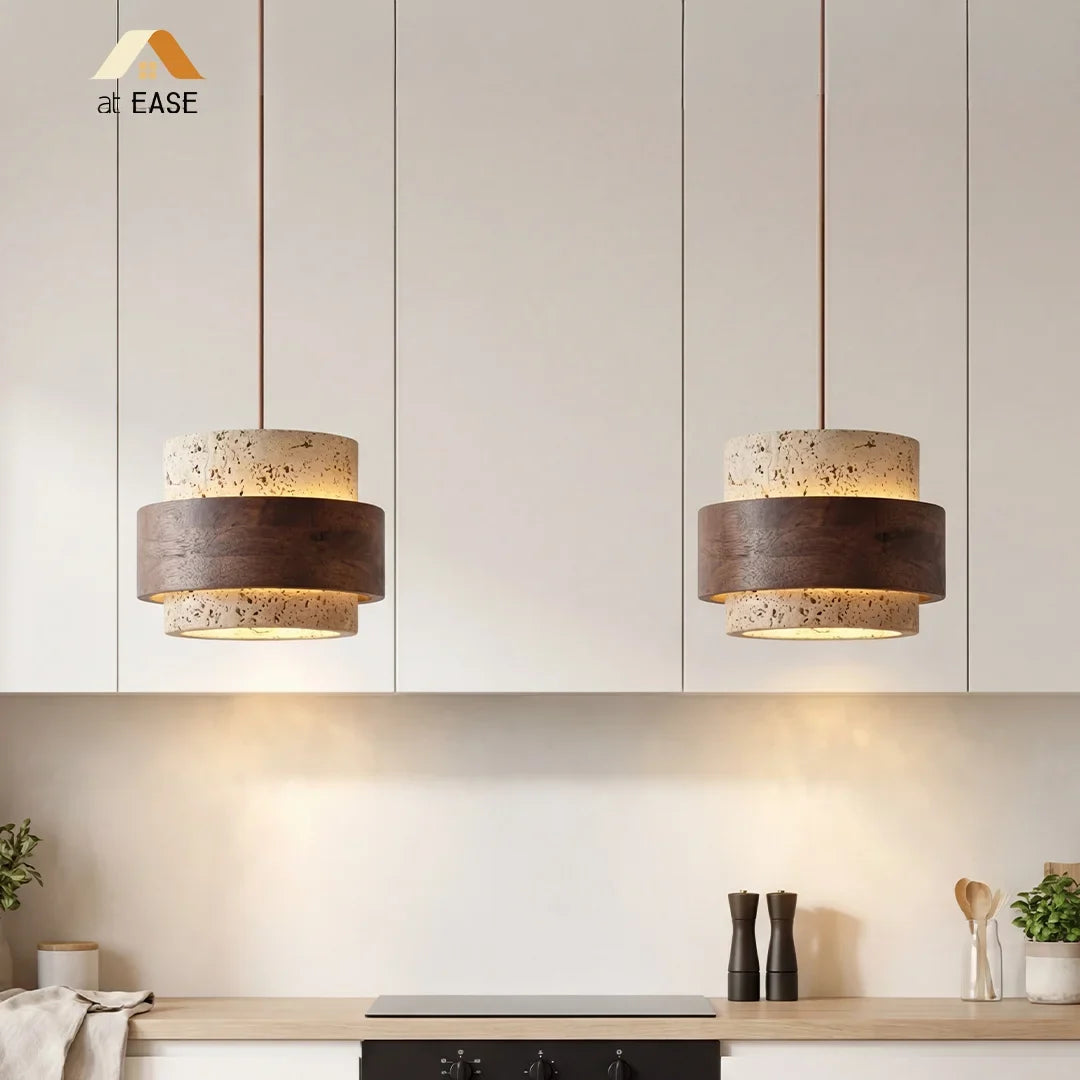 Wabi-Sabi Natural Travertine Cylinder Pendant Light with Wooden Shade, Japandi Kitchen Island Pendant Lamp