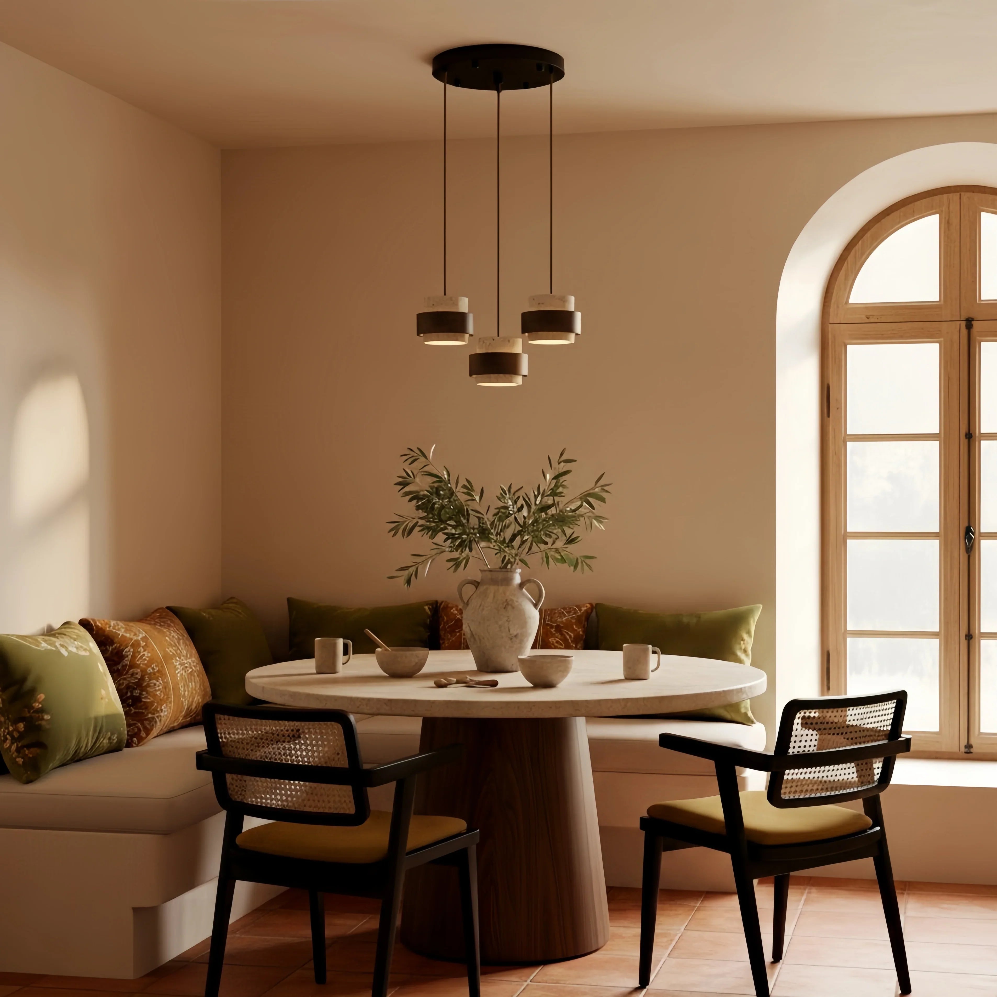 Wabi-Sabi Natural Travertine Cylinder Pendant Light with Wooden Shade, Japandi Kitchen Island Pendant Lamp