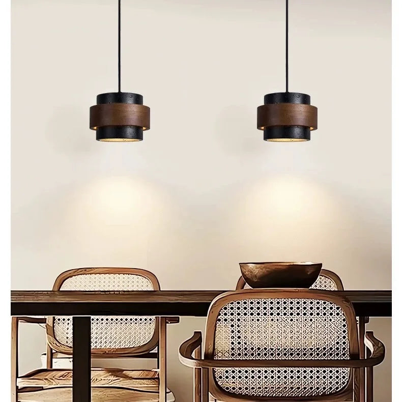 Wabi-Sabi Natural Travertine Cylinder Pendant Light with Wooden Shade, Japandi Kitchen Island Pendant Lamp