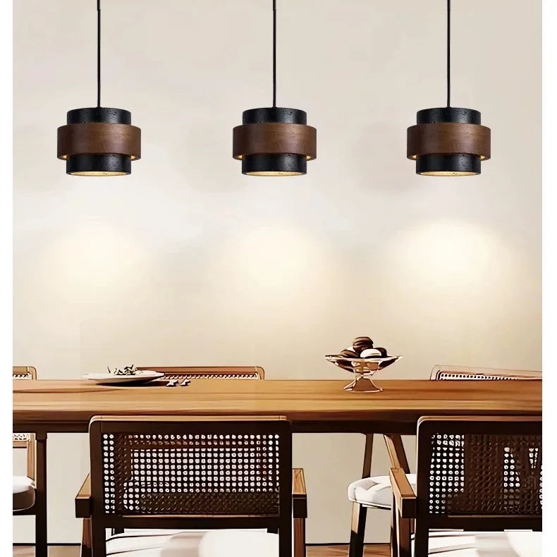 Wabi-Sabi Natural Travertine Cylinder Pendant Light with Wooden Shade, Japandi Kitchen Island Pendant Lamp