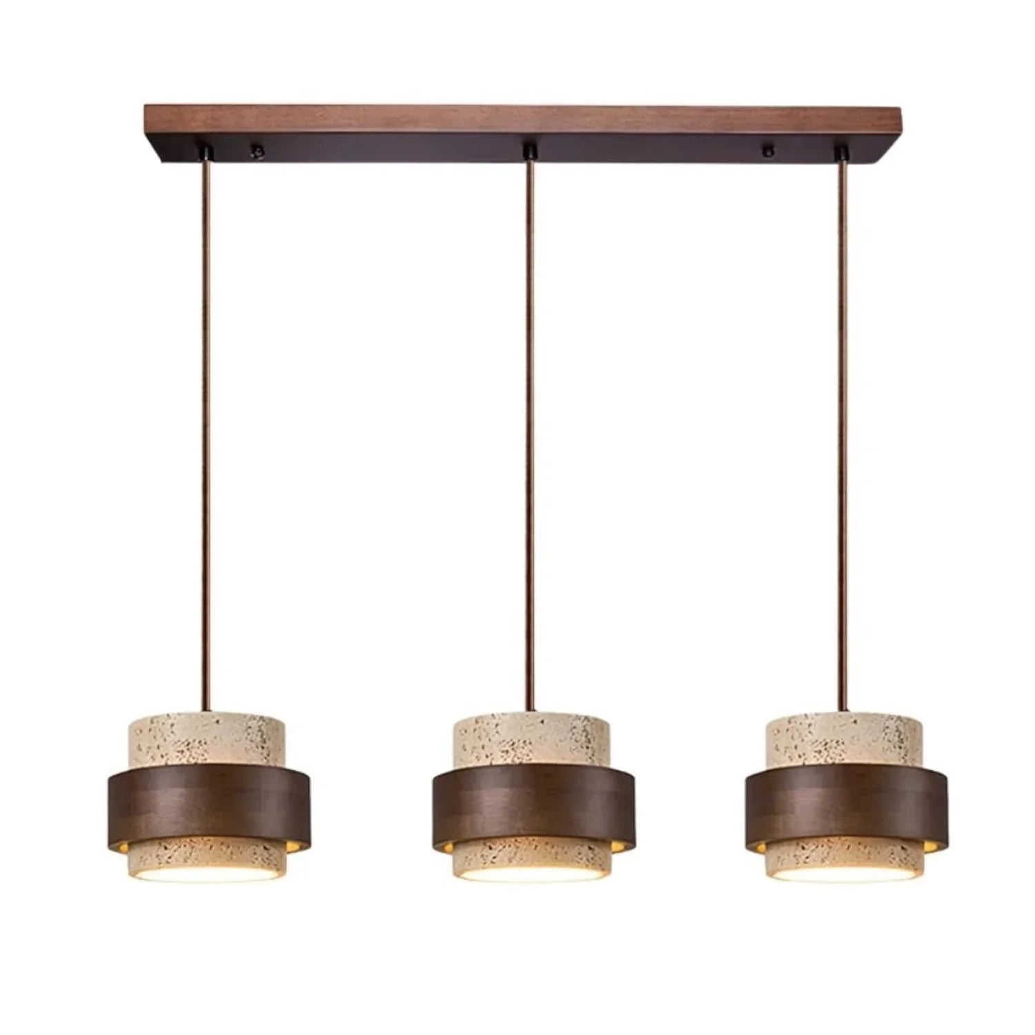 Wabi-Sabi Natural Travertine Cylinder Pendant Light with Wooden Shade, Japandi Kitchen Island Pendant Lamp