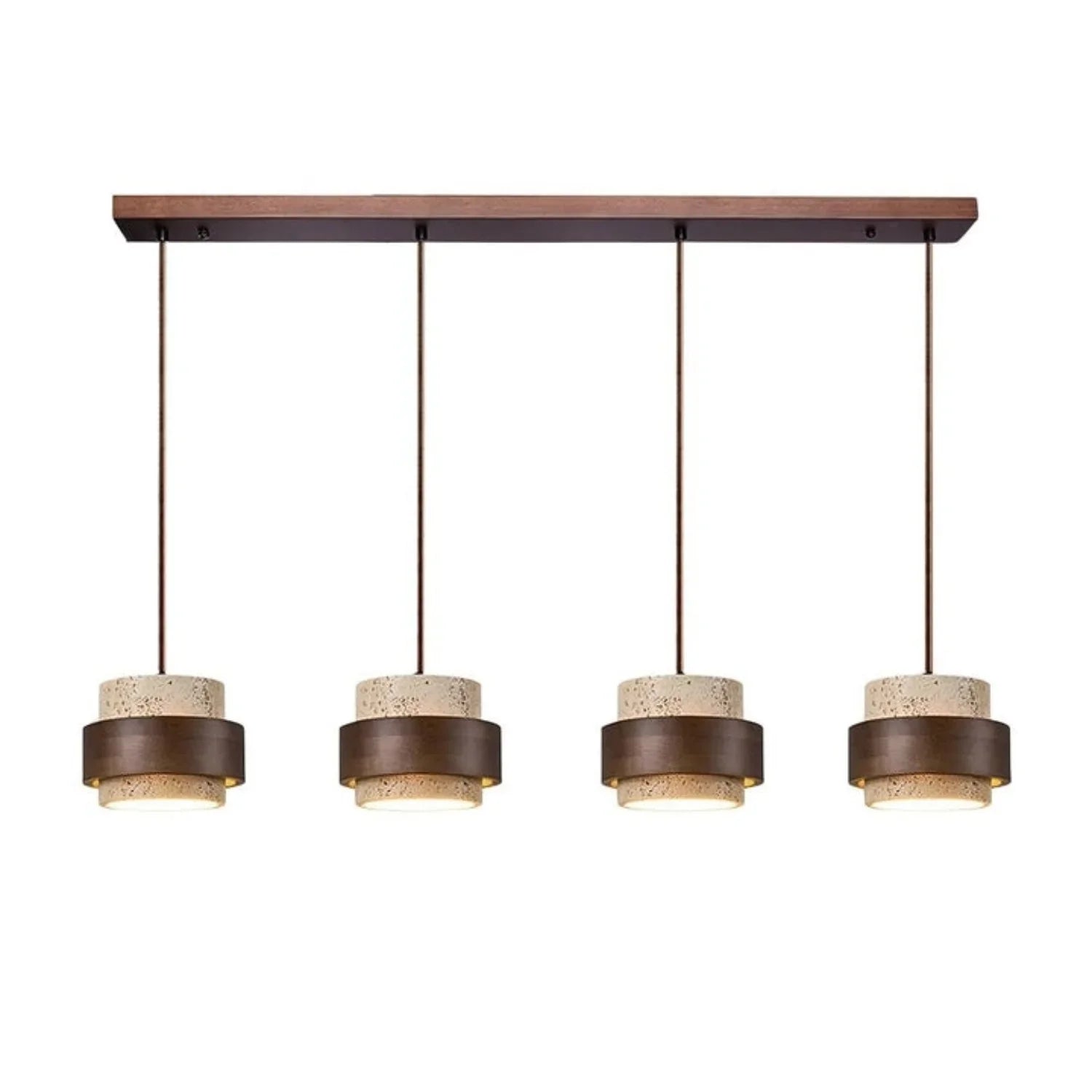 Wabi-Sabi Natural Travertine Cylinder Pendant Light with Wooden Shade, Japandi Kitchen Island Pendant Lamp