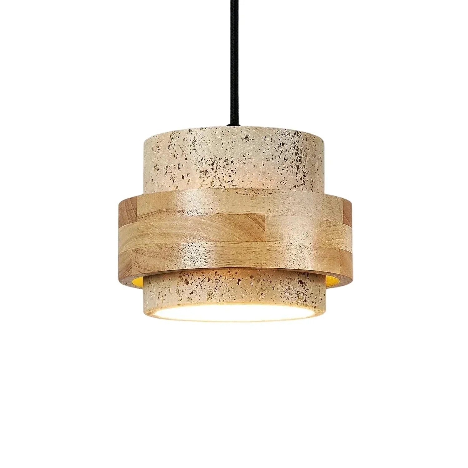 Wabi-Sabi Natural Travertine Cylinder Pendant Light with Wooden Shade, Japandi Kitchen Island Pendant Lamp