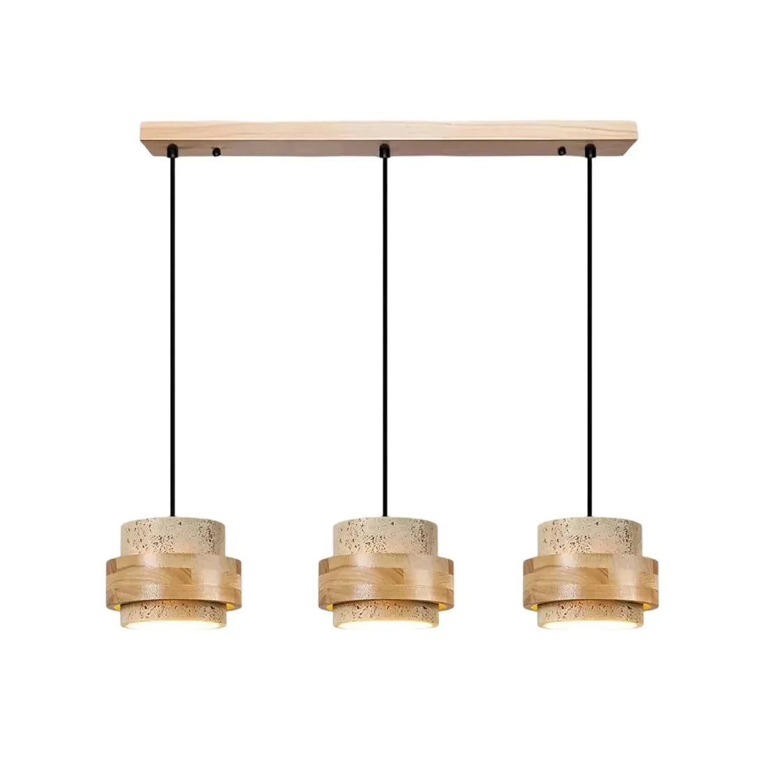 Wabi-Sabi Natural Travertine Cylinder Pendant Light with Wooden Shade, Japandi Kitchen Island Pendant Lamp