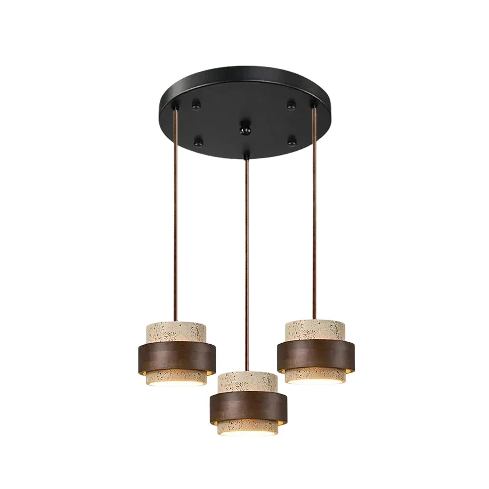 Wabi-Sabi Natural Travertine Cylinder Pendant Light with Wooden Shade, Japandi Kitchen Island Pendant Lamp
