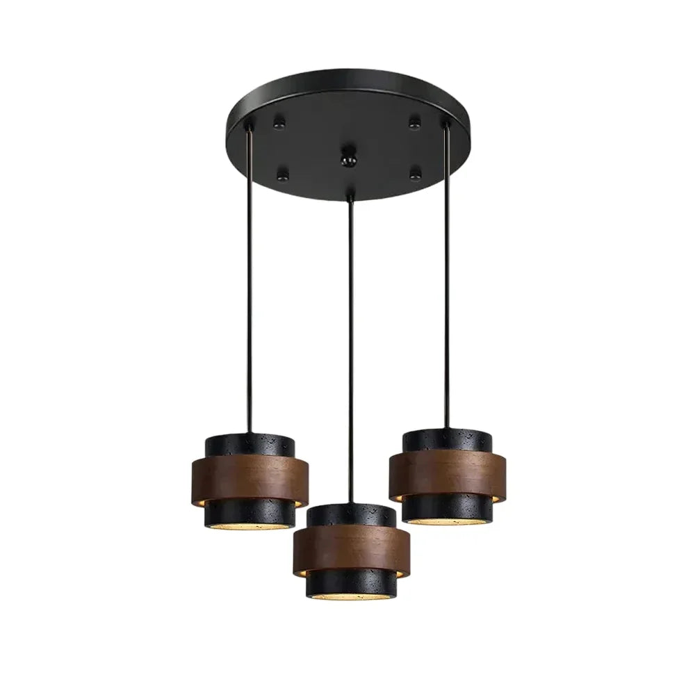 Wabi-Sabi Natural Travertine Cylinder Pendant Light with Wooden Shade, Japandi Kitchen Island Pendant Lamp