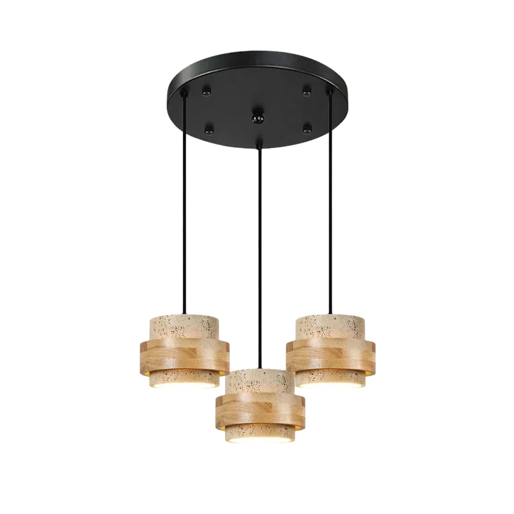 Wabi-Sabi Natural Travertine Cylinder Pendant Light with Wooden Shade, Japandi Kitchen Island Pendant Lamp