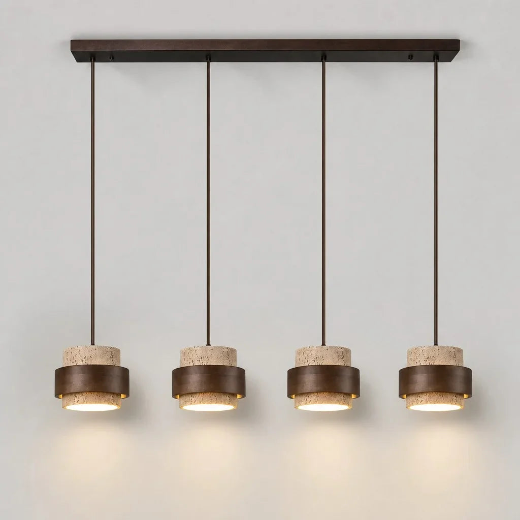 Wabi-Sabi Natural Travertine Cylinder Pendant Light with Wooden Shade, Japandi Kitchen Island Pendant Lamp