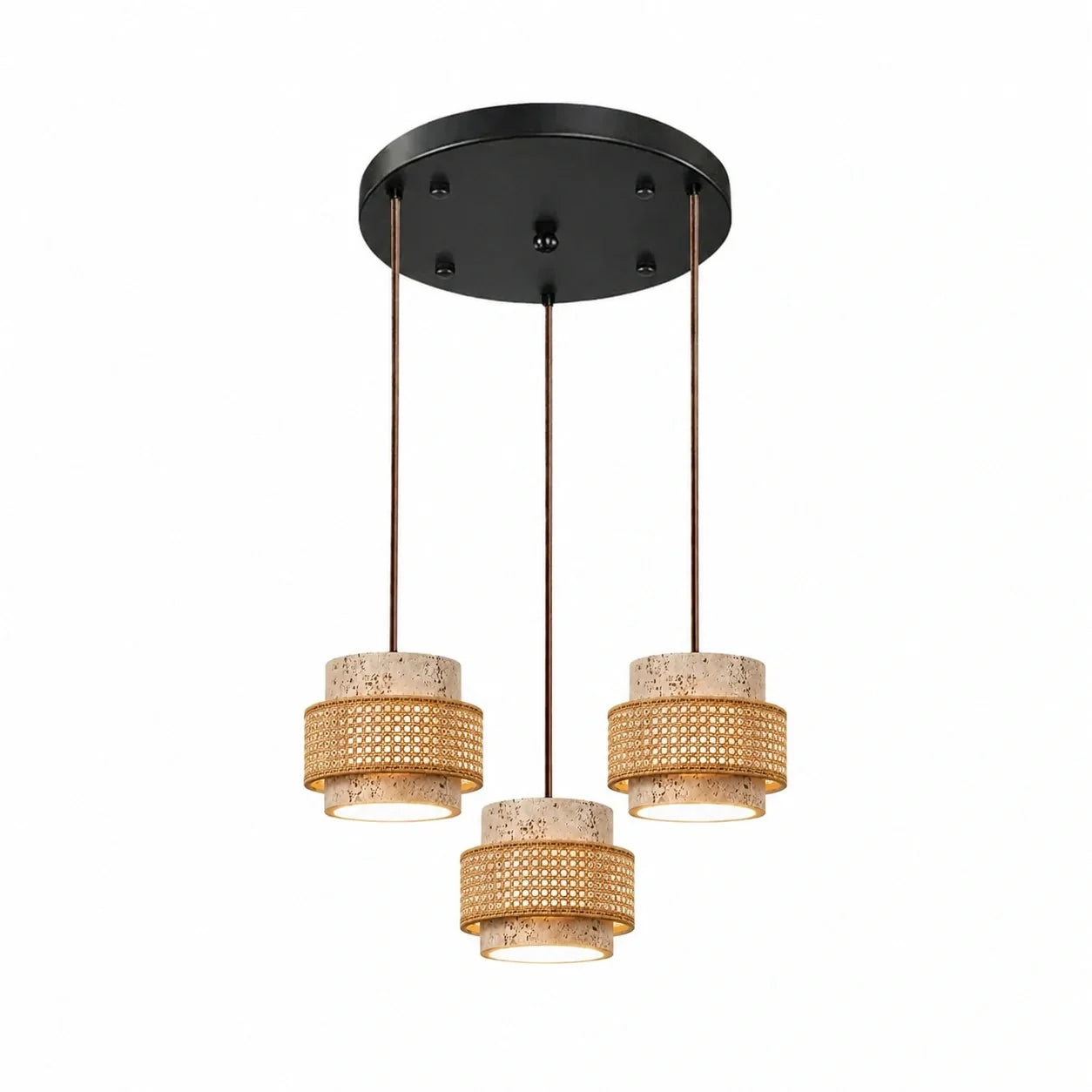 Wabi-Sabi Natural Travertine Cylinder Pendant Light with Wooden Shade, Japandi Kitchen Island Pendant Lamp
