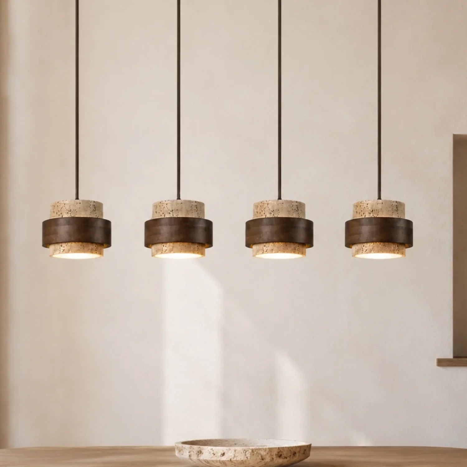 Wabi-Sabi Natural Travertine Cylinder Pendant Light with Wooden Shade, Japandi Kitchen Island Pendant Lamp
