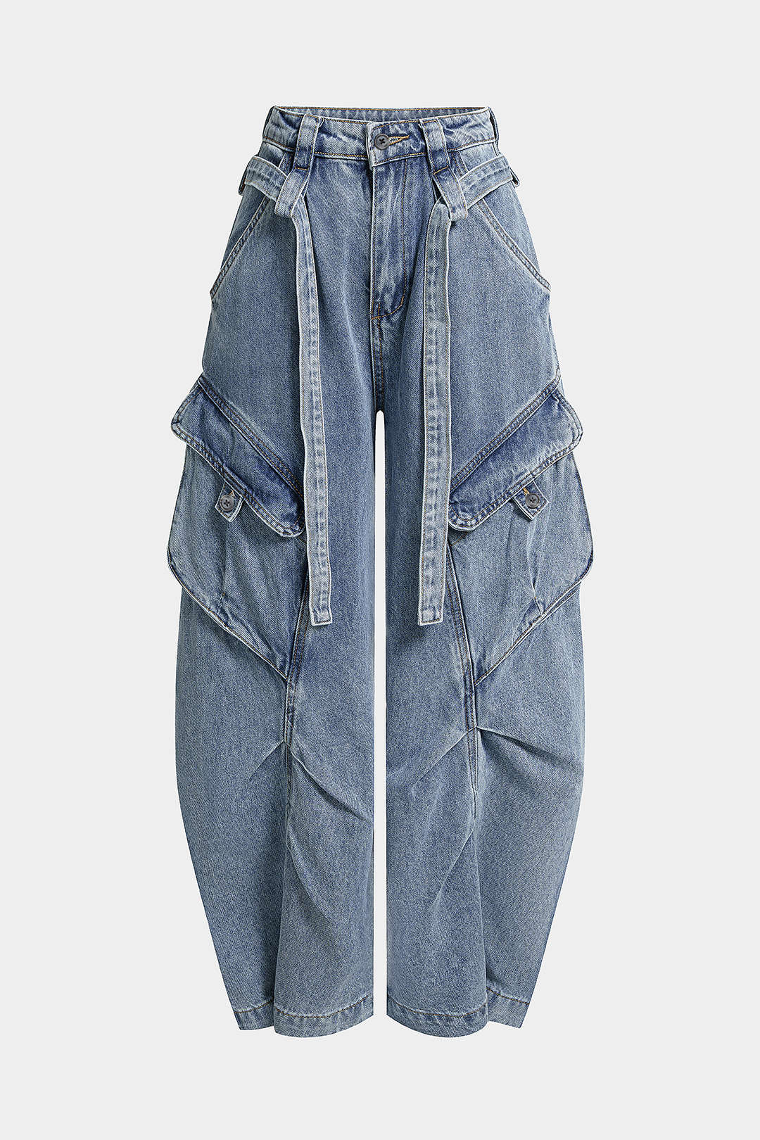 Women's Belted Wide Leg Barrel Cargo Jeans