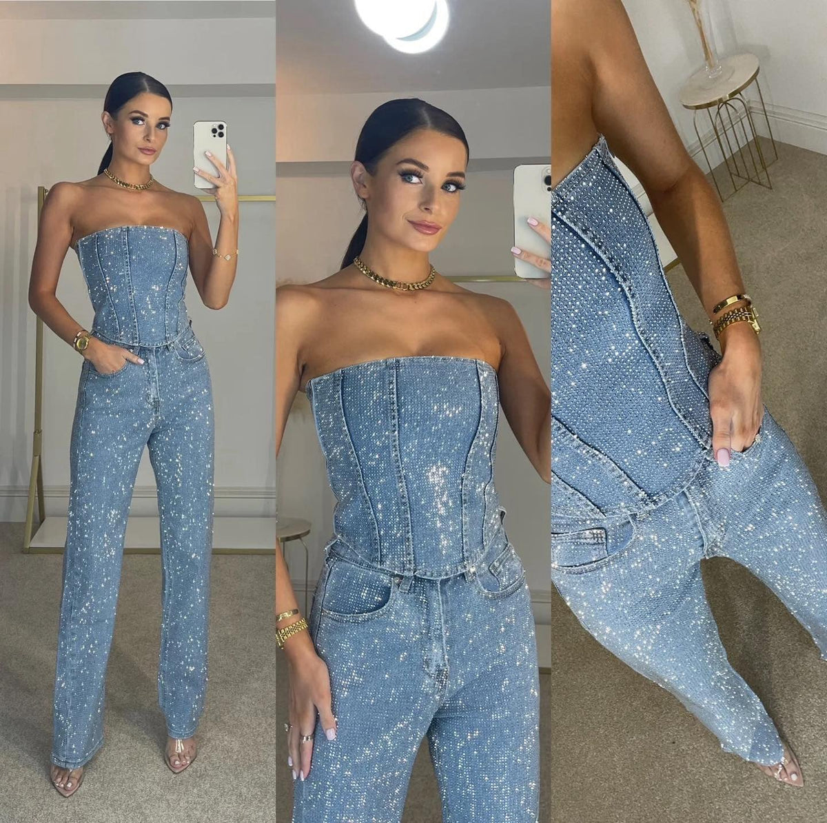 Women’s Glitter Outfit with High-Waisted Jeans