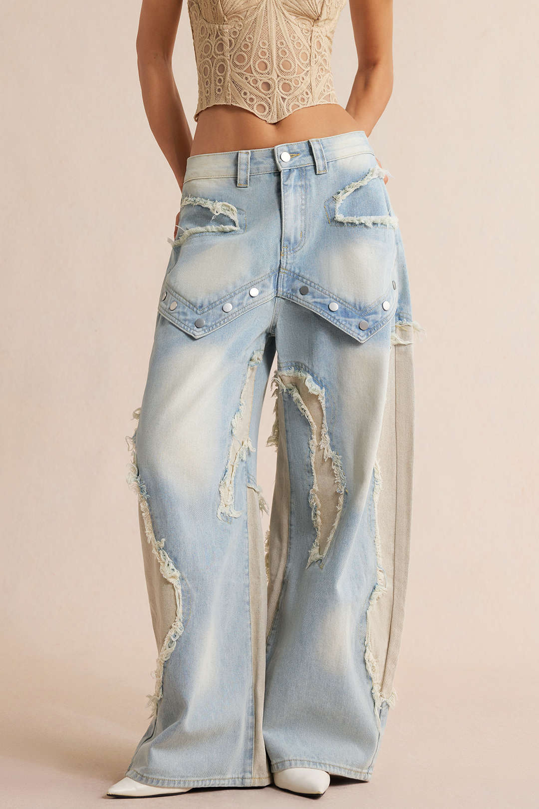 Women’s Patchwork Barrel-Leg Jeans