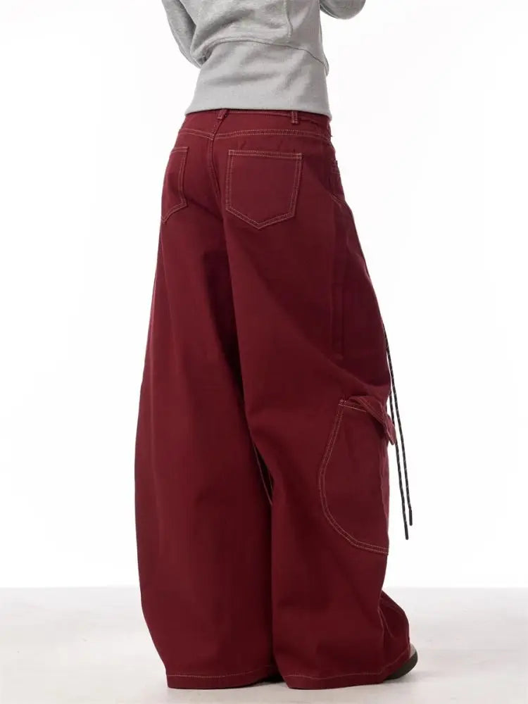 Women's Red Wide-Leg Cargo Pants with Chains