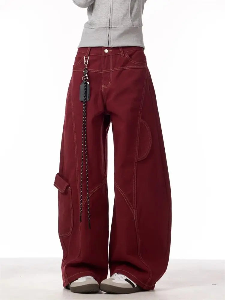 Women's Red Wide-Leg Cargo Pants with Chains