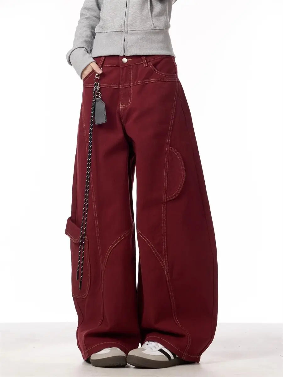 Women's Red Wide-Leg Cargo Pants with Chains