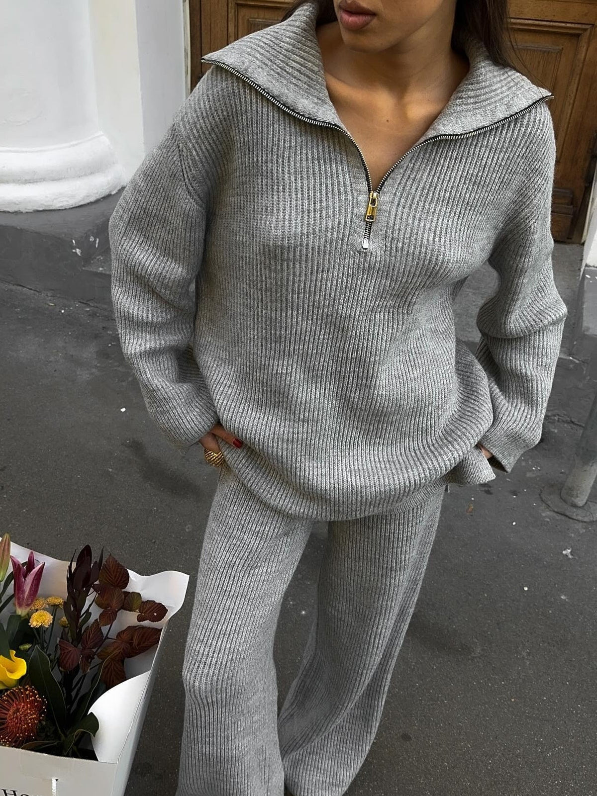 Women’s Zip-Neck Knitted Sweater Set