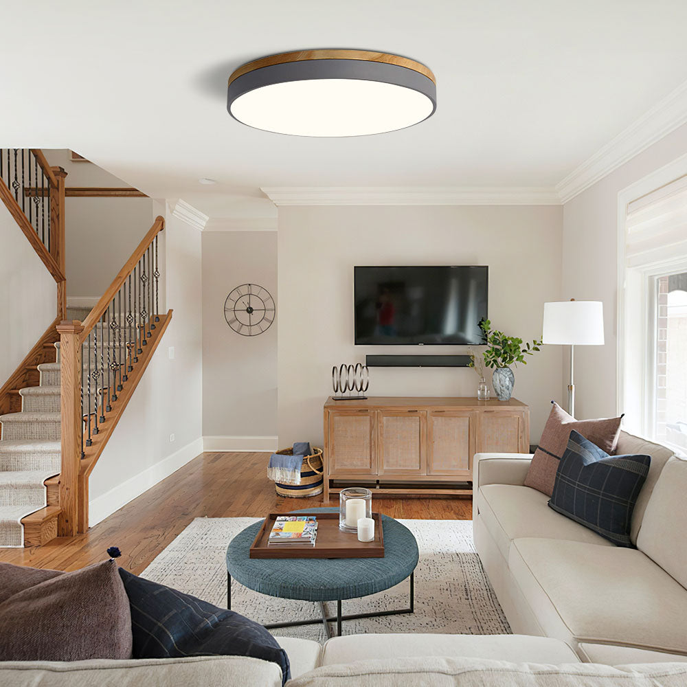 Wooden Round Flush Mount Ceiling Light – Energy-Efficient LED Ceiling Light Fixture for Living Room and Dining Room