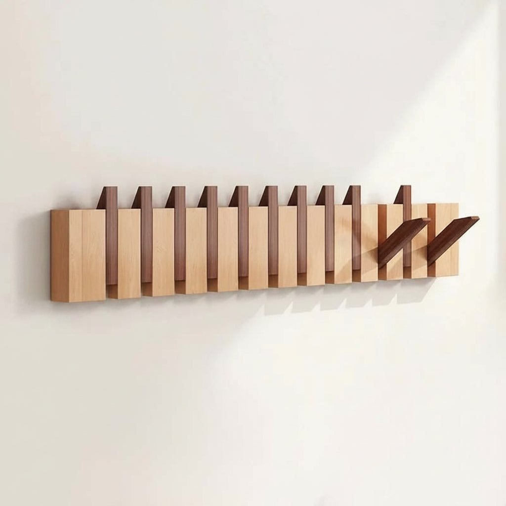 Wooden Wall Coat Rack with Folding Hooks – Natural Wood Magnetic Hook Hanger