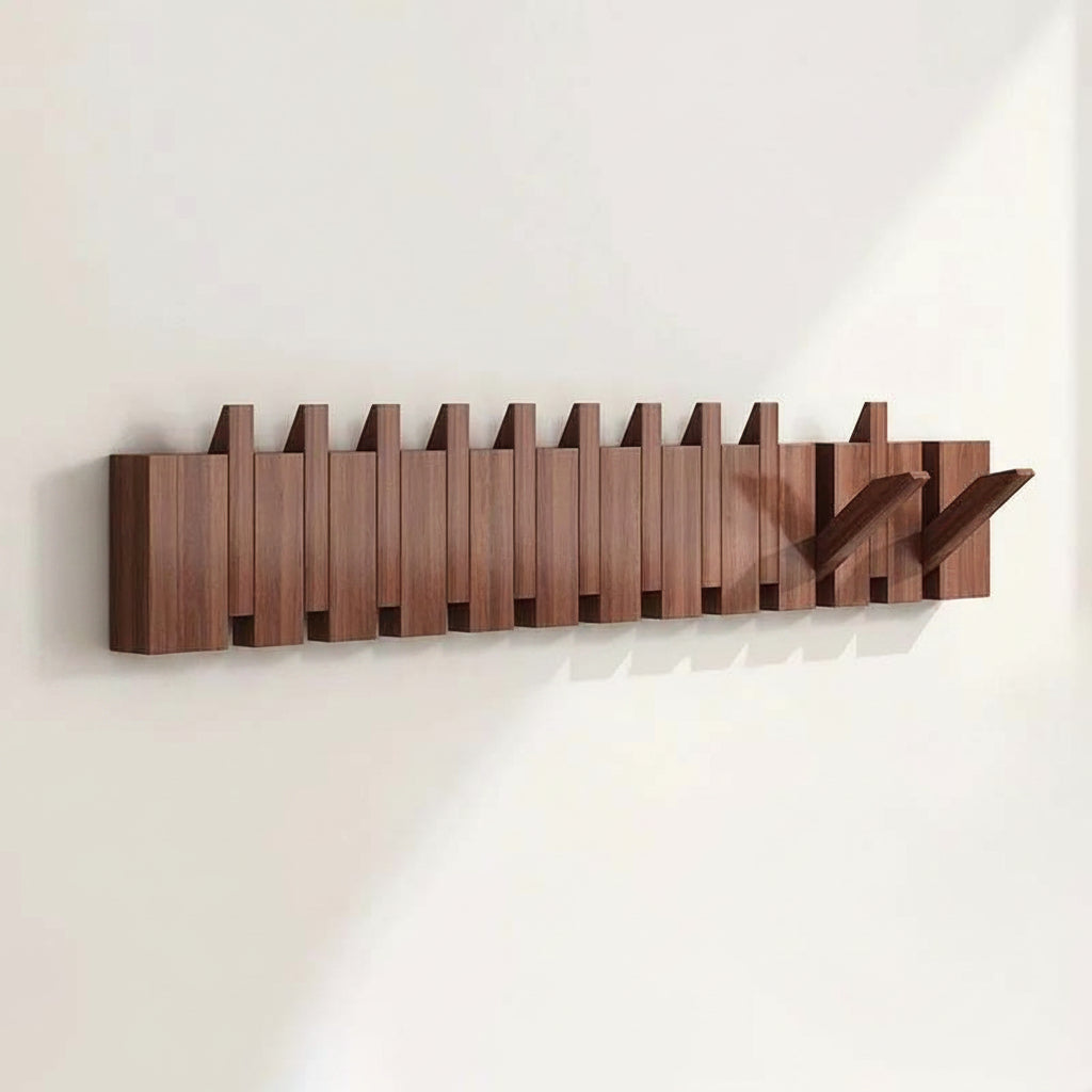 Wooden Wall Coat Rack with Folding Hooks – Natural Wood Magnetic Hook Hanger