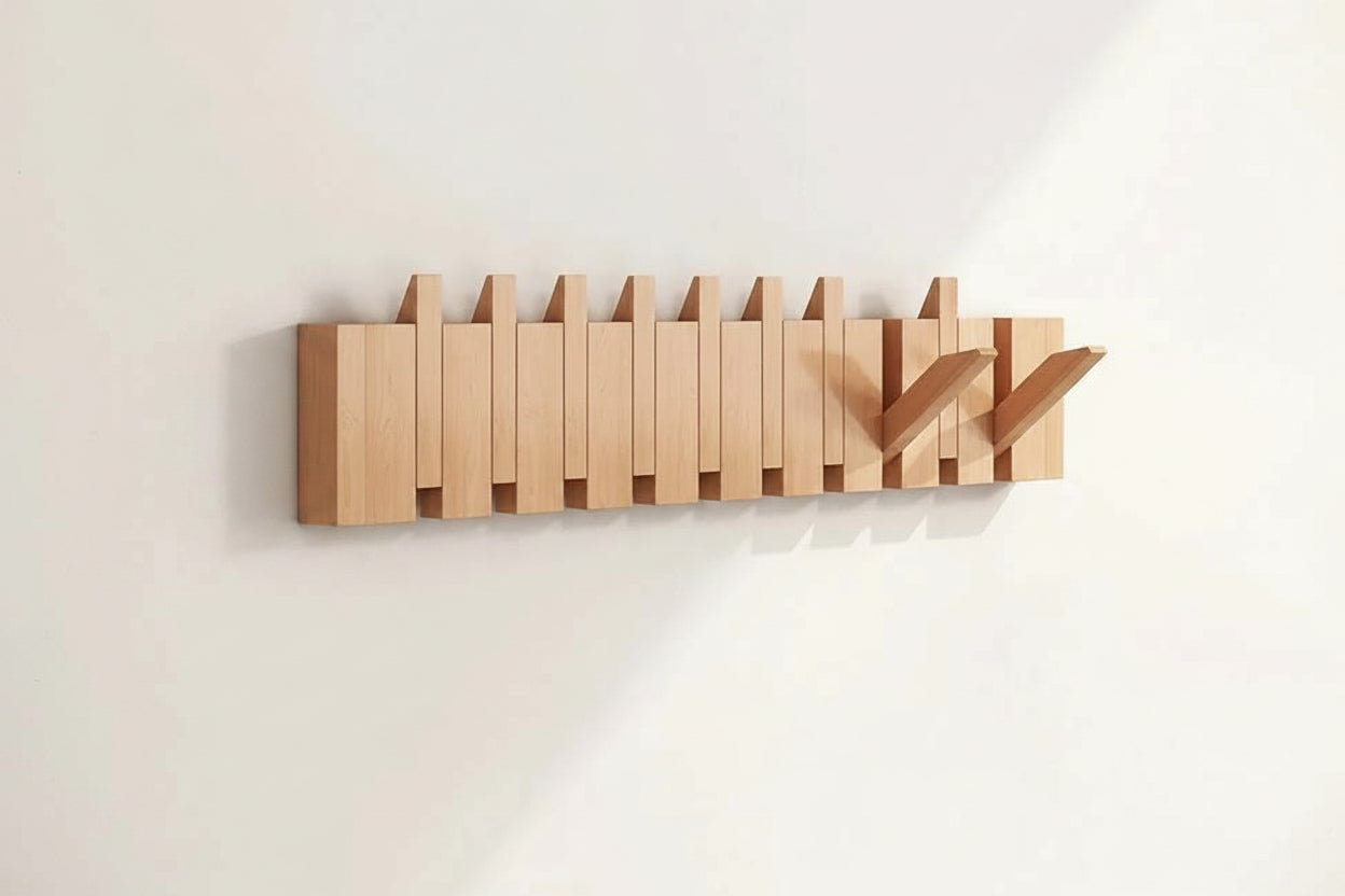 Wooden Wall Coat Rack with Folding Hooks – Natural Wood Magnetic Hook Hanger