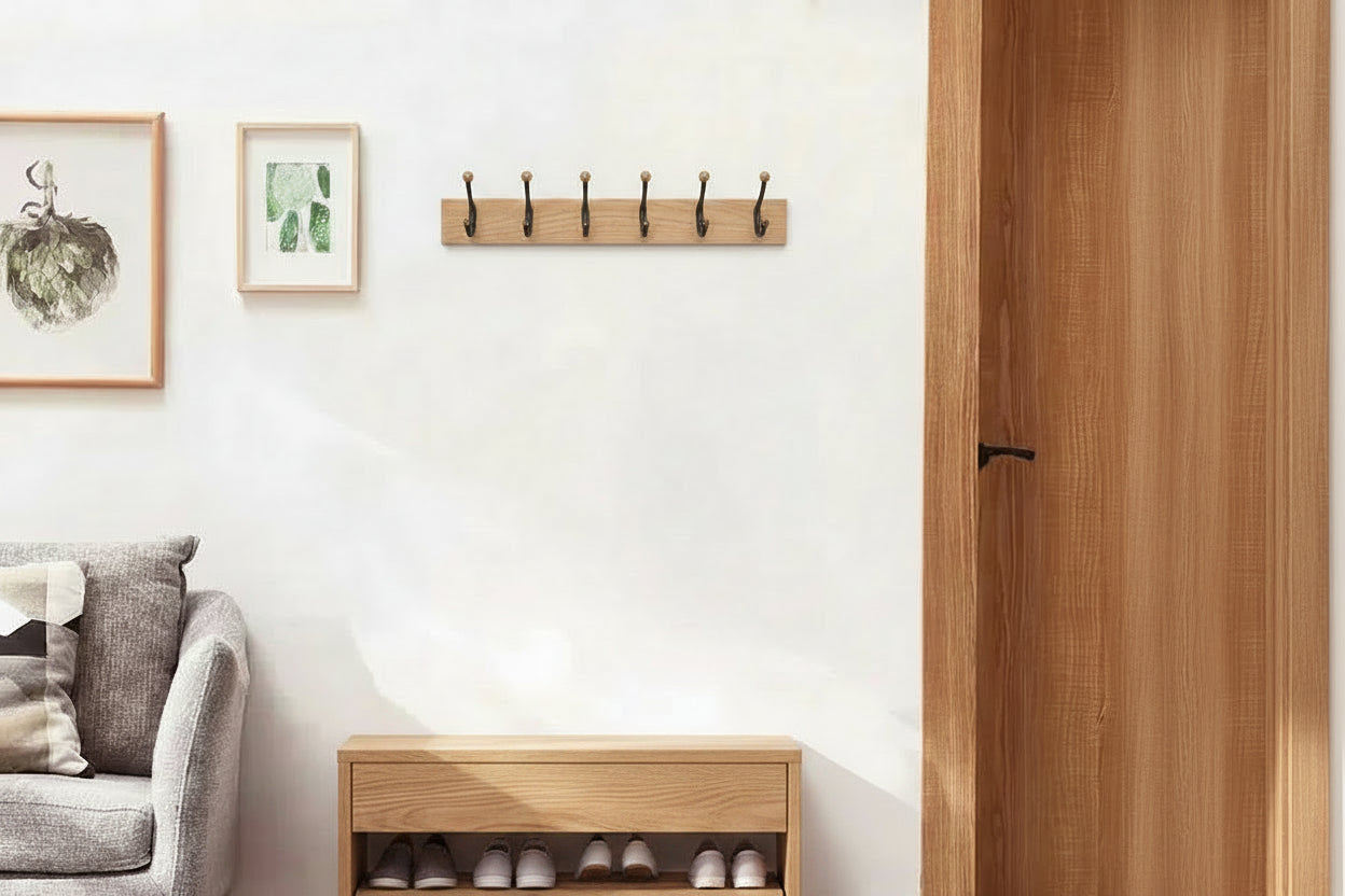Wooden Wall Coat Rack with Folding Hooks – Natural Wood Magnetic Hook Hanger