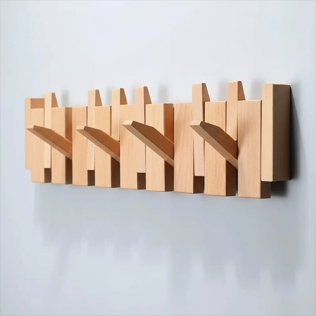 Wooden Wall Coat Rack with Folding Hooks – Natural Wood Magnetic Hook Hanger