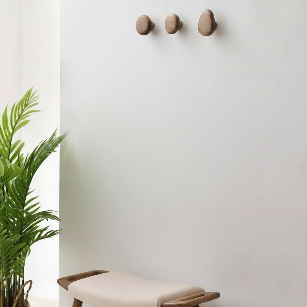 Wooden Wall Hooks Set – 4 Round Solid Wood Coat Hooks in Natural Finish
