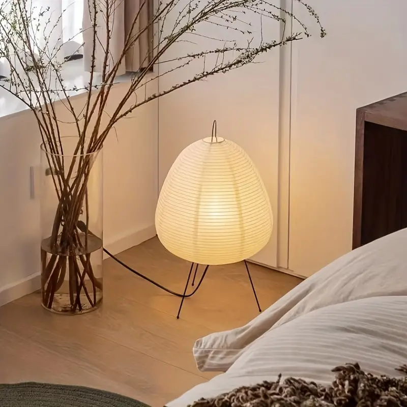 Wrought Iron Tripod Table Lamp with Handmade Rice Paper Shade – Elegant Bedside Table Lamp for Bedroom and Living Room
