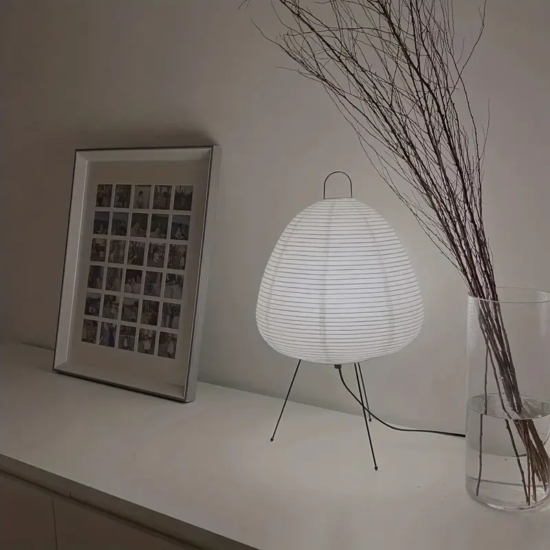 Wrought Iron Tripod Table Lamp with Handmade Rice Paper Shade – Elegant Bedside Table Lamp for Bedroom and Living Room
