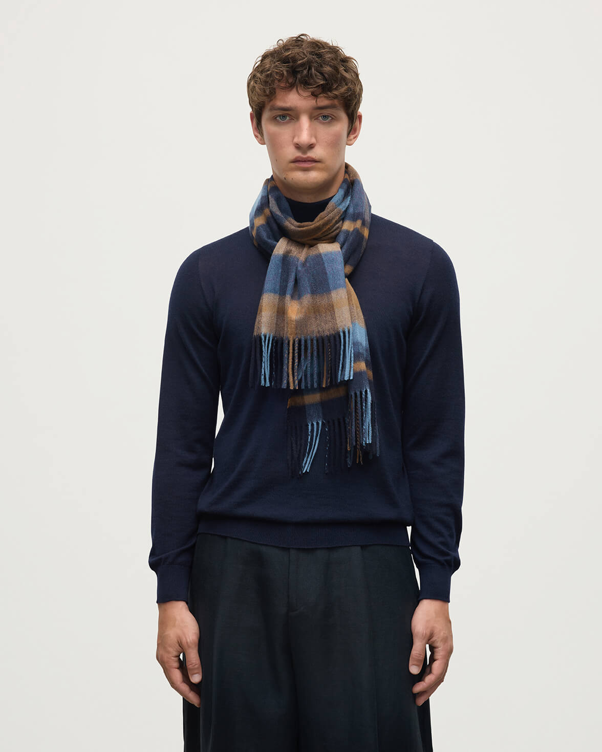 Men's Block Check Scarf in Navy and Brown