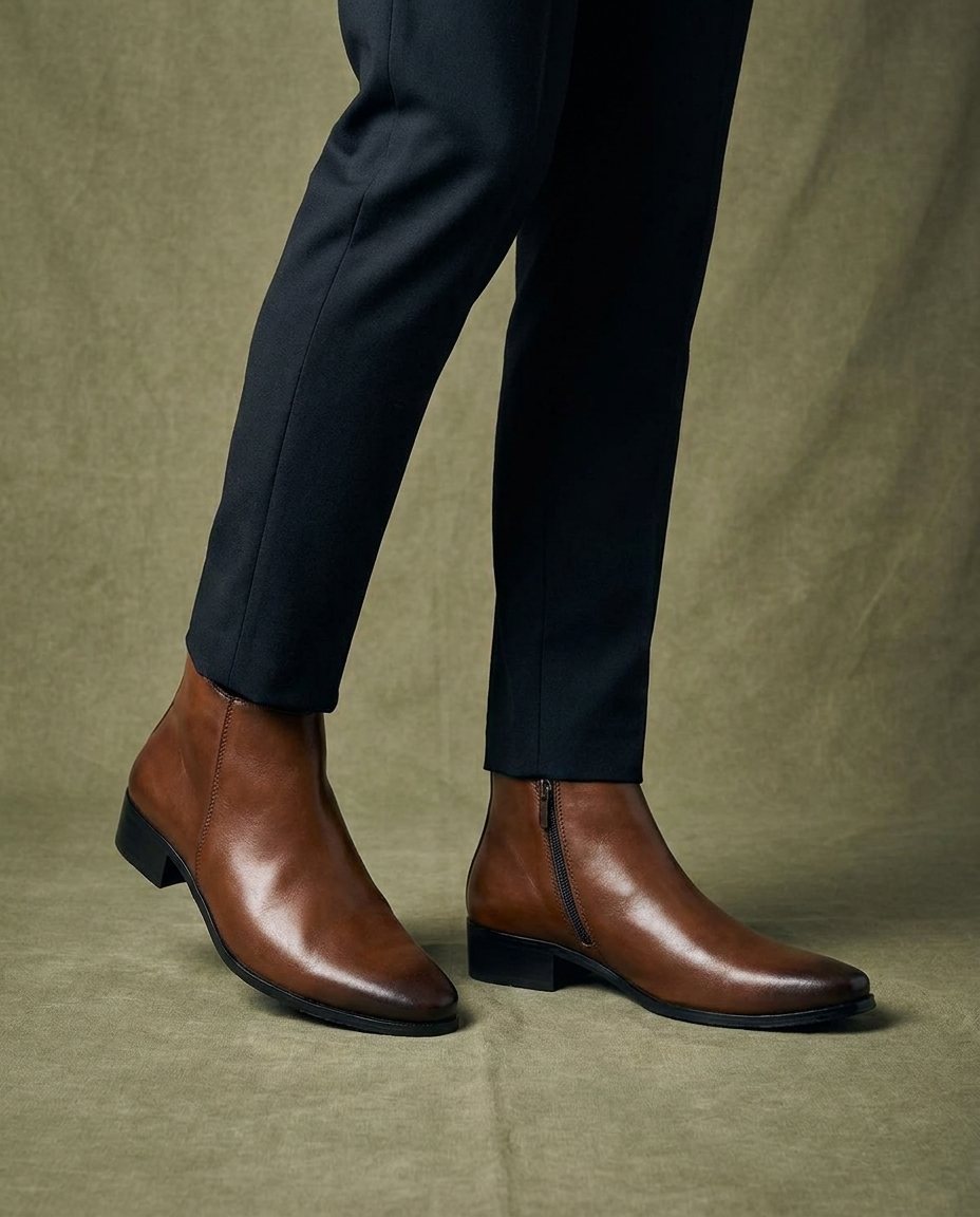 Men's Block Heel Faux Leather Zip-Up Ankle Boots
