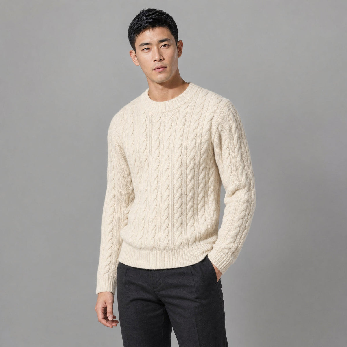 Men's Aran Style Cable Knit Crew Jumper