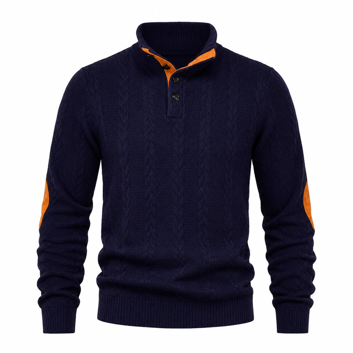 Men's Cable Knit Button Mock Neck Jumper with Elbow Patches