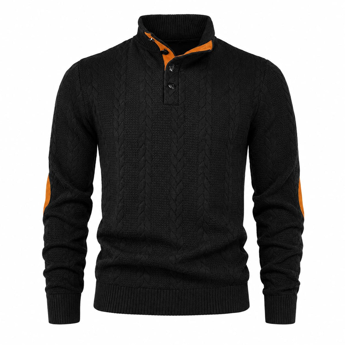 Men's Cable Knit Button Mock Neck Jumper with Elbow Patches