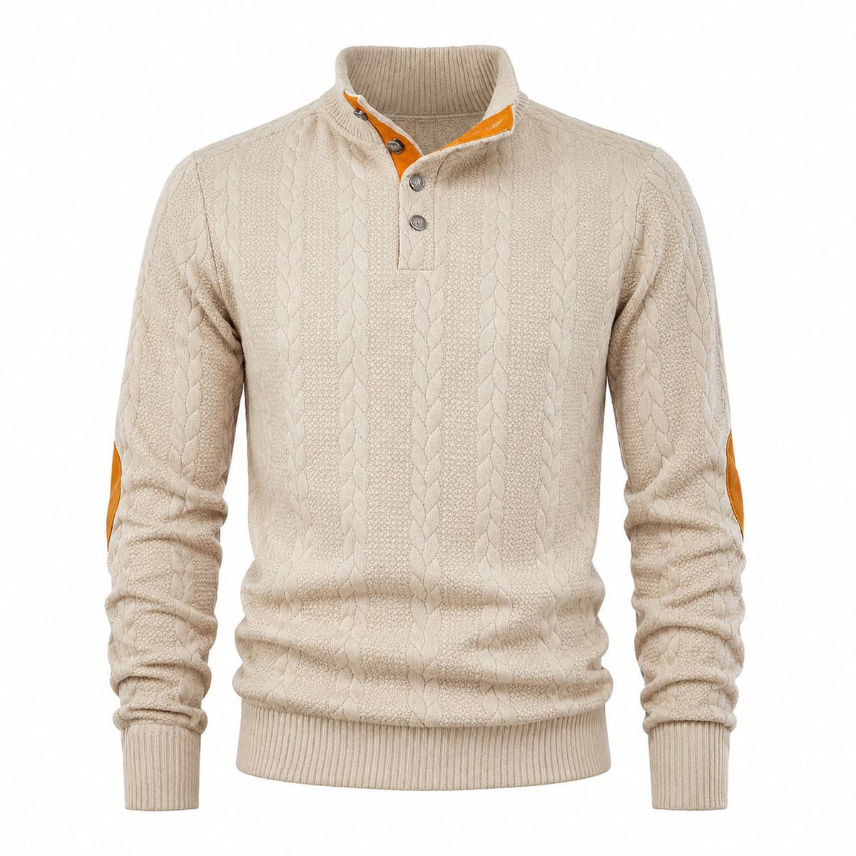 Men's Cable Knit Button Mock Neck Jumper with Elbow Patches