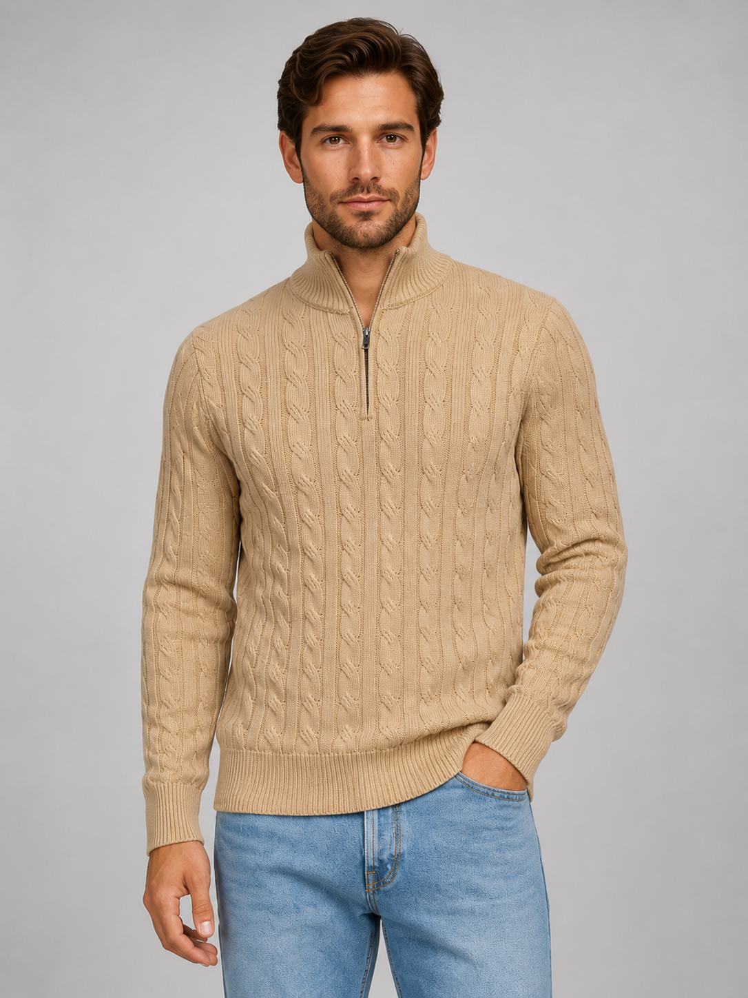 Men's Cable Knit Funnel Neck Quarter-Zip Jumper