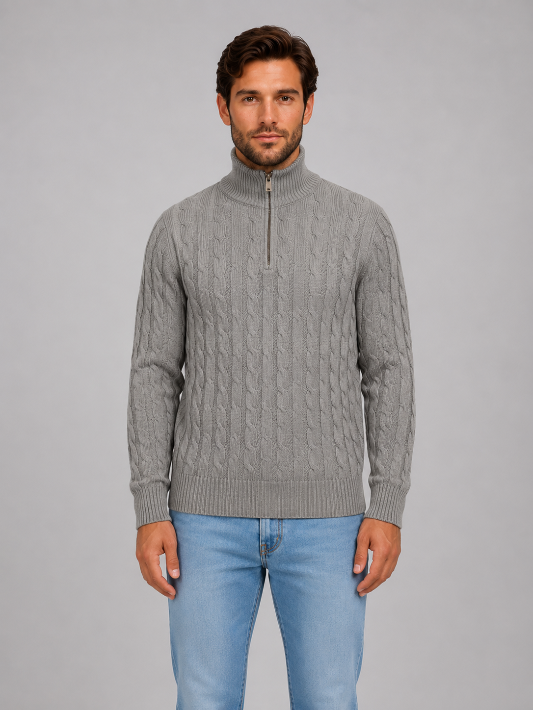 Men's Cable Knit Funnel Neck Quarter-Zip Jumper