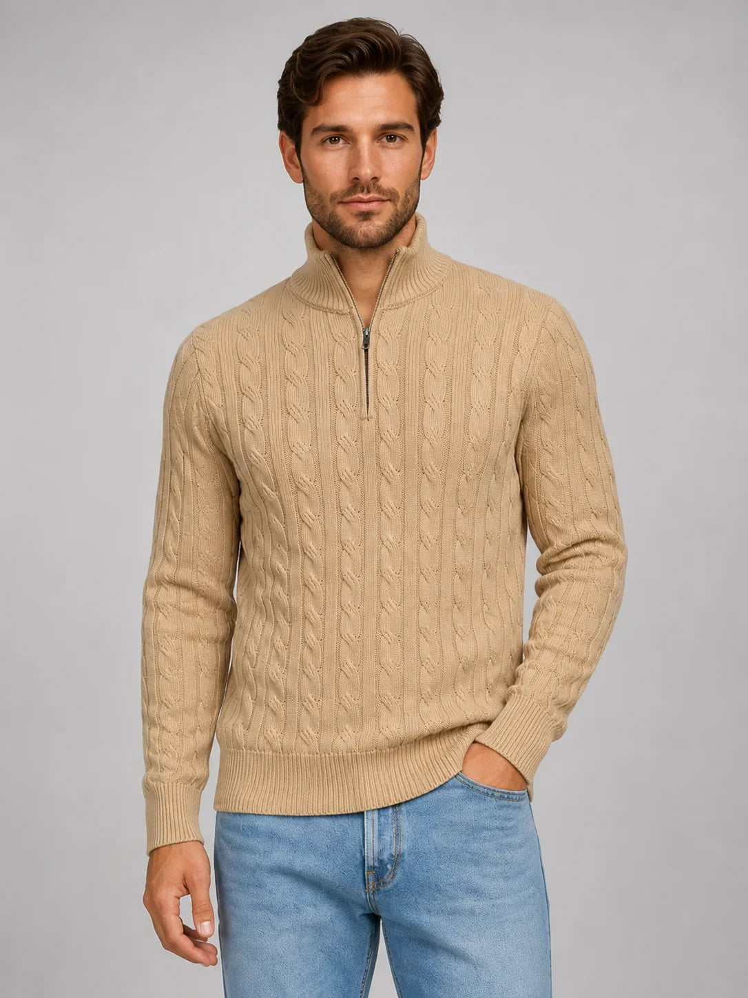 Men's Cable Knit Quarter-Zip Jumper with Ribbed Collar