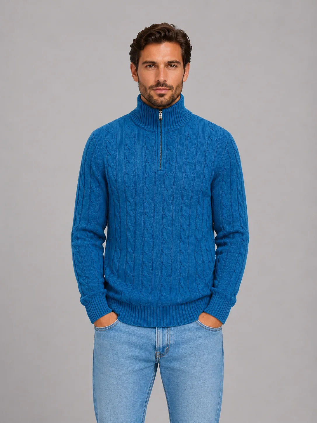 Men's Cable Knit Quarter-Zip Jumper with Ribbed Collar