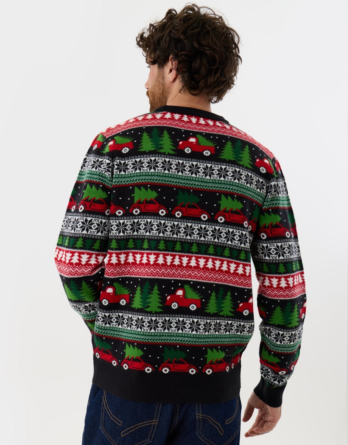 Men's Christmas Jumper Fair Isle Red Car Tree in Black