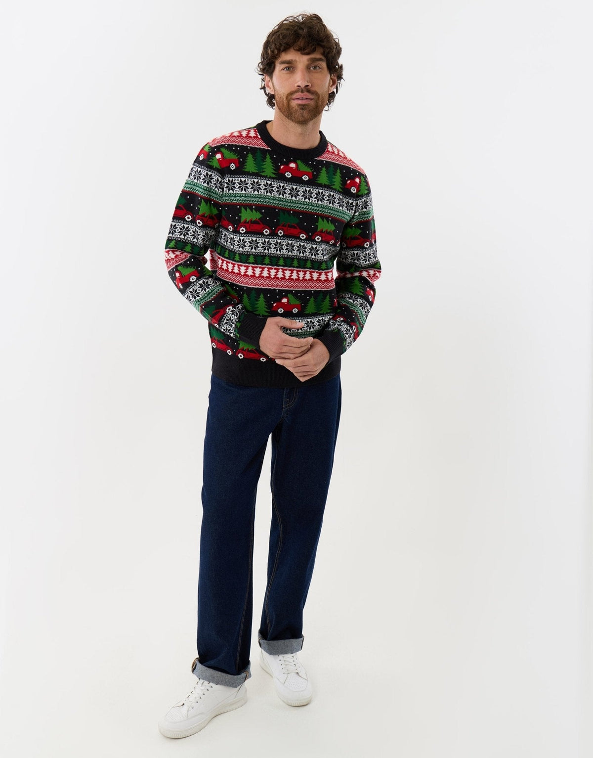 Men's Christmas Jumper Fair Isle Red Car Tree in Black
