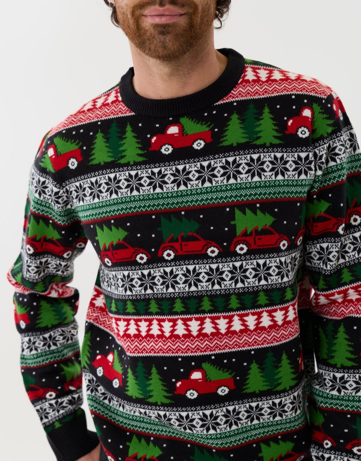 Men's Christmas Jumper Fair Isle Red Car Tree in Black