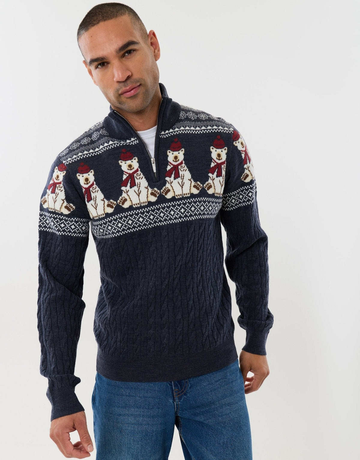 Men's Christmas Jumper Fair Isle Polar Bear Quarter Zip in Navy