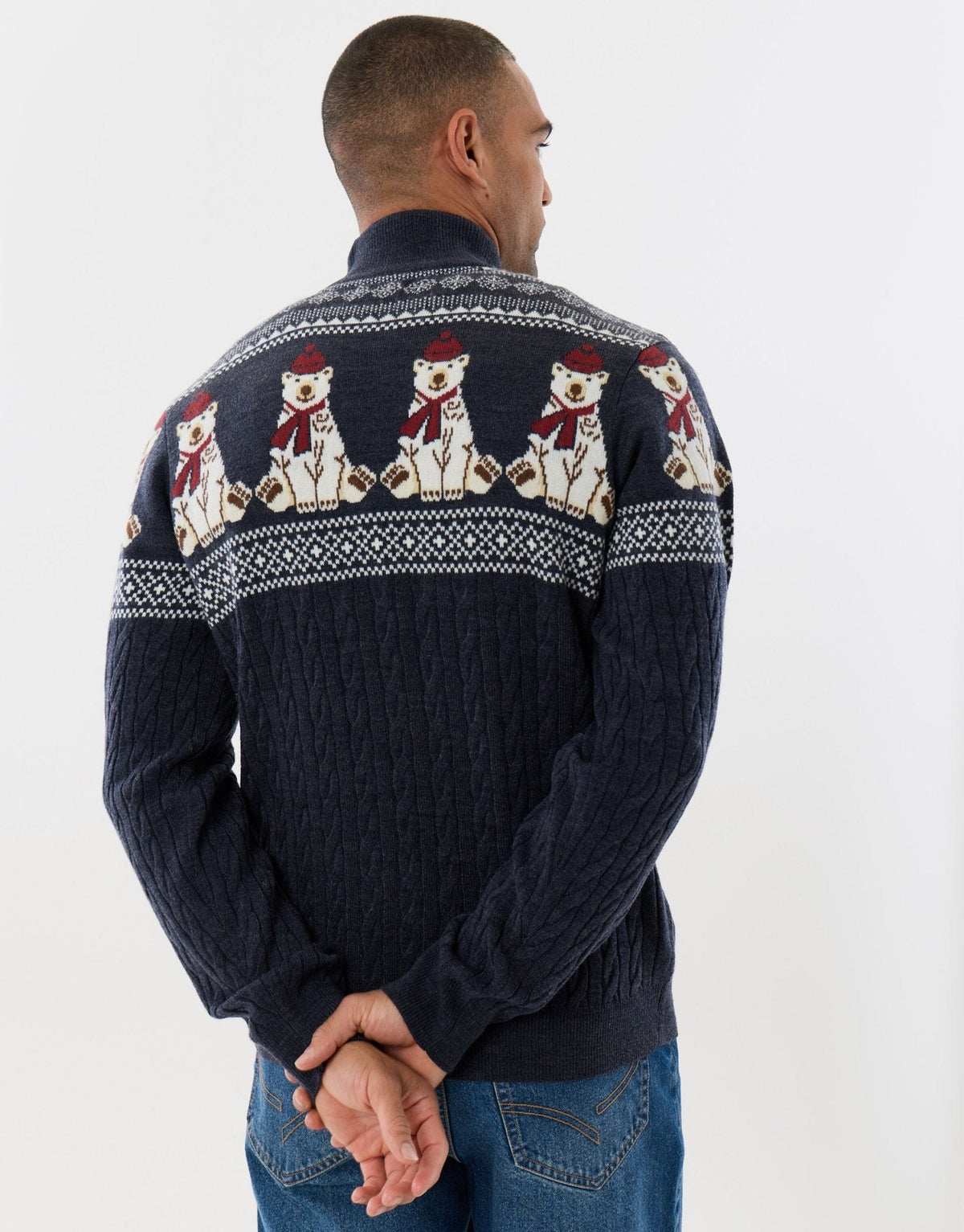 Men's Christmas Jumper Fair Isle Polar Bear Quarter Zip in Navy