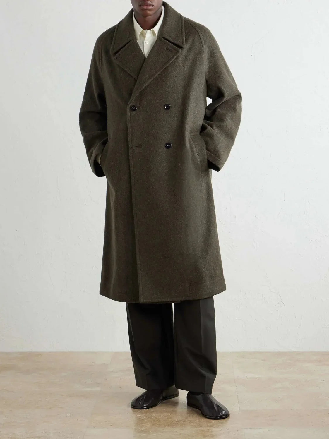 Men's Oversized Double Breasted Wool-Look Long Coat in Olive