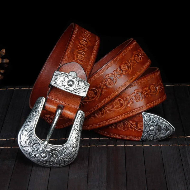 Men's Western Belt with Engraved Metal Buckle