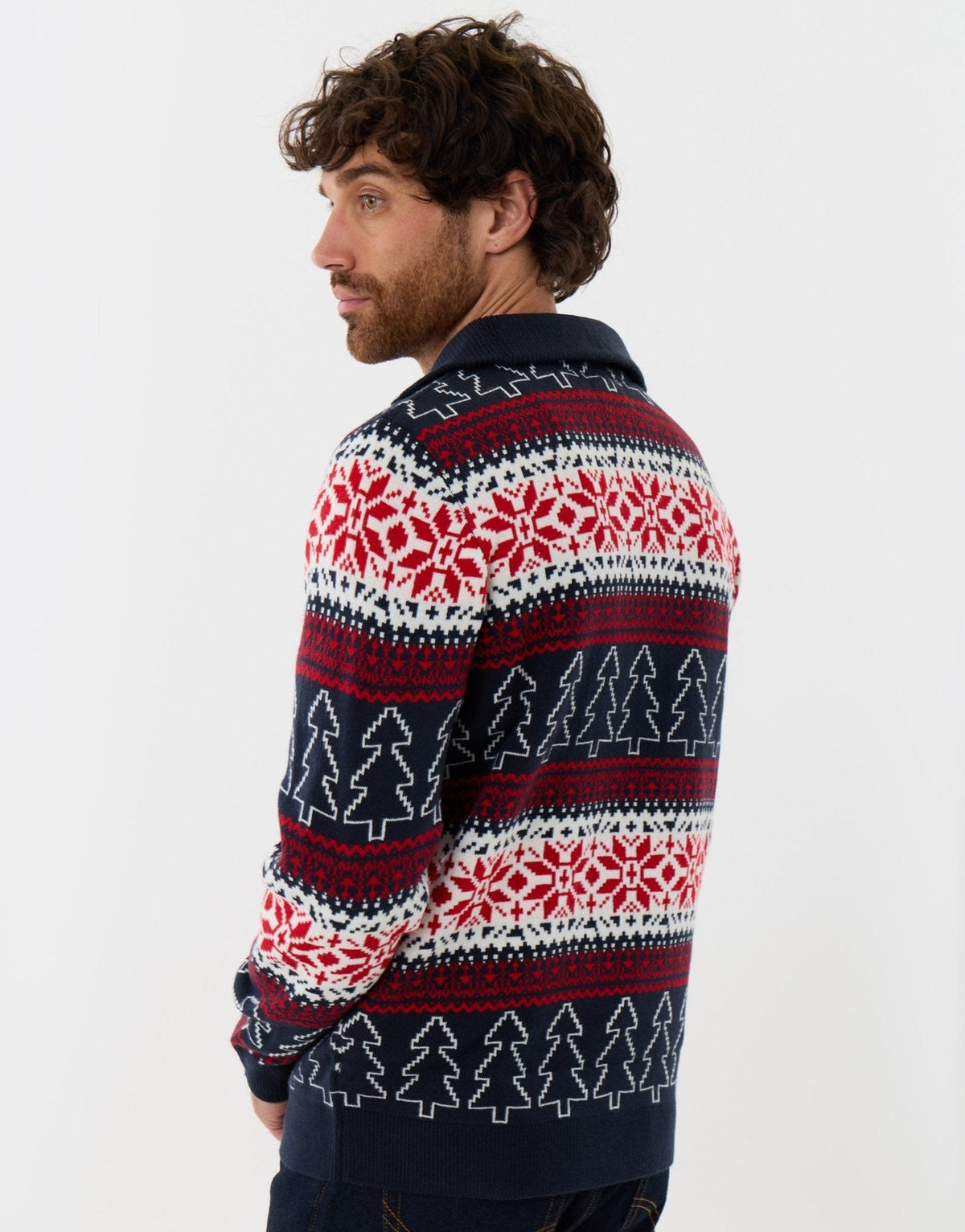 Men's Christmas Jumper Fair Isle Snowflake Tree Quarter Zip